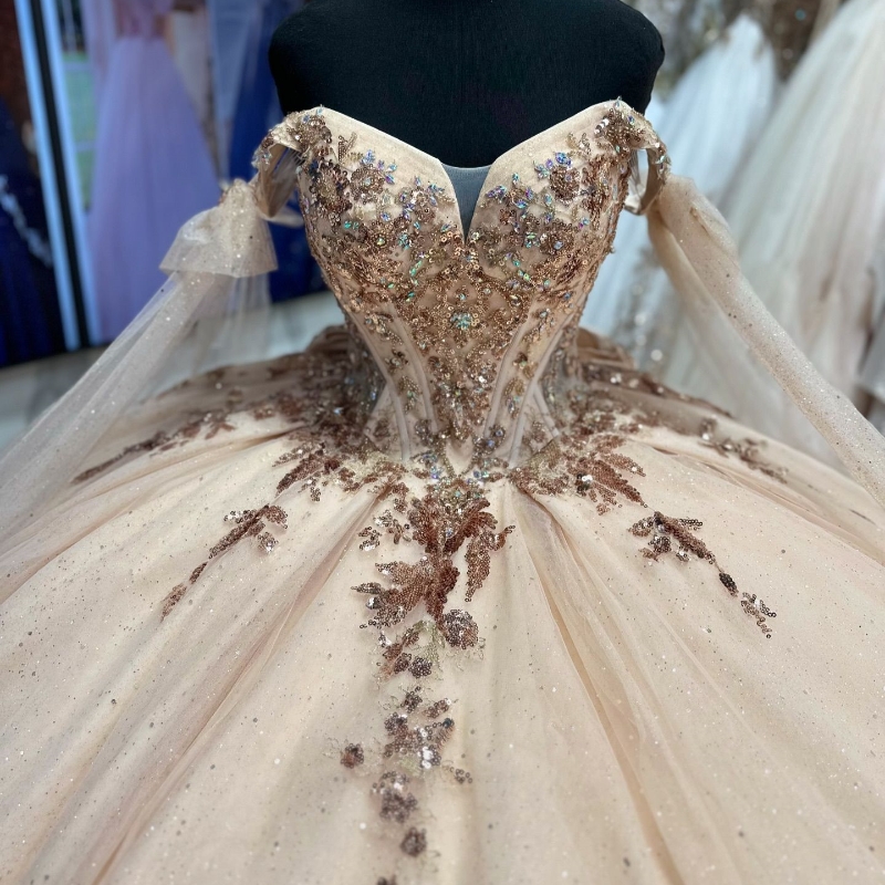 Champagne Quinceanera Dress Ball Gown Off The Shoulder Appliques Lace Beading Tull Tassel Sweet 16 Vestidos De 15 Anos