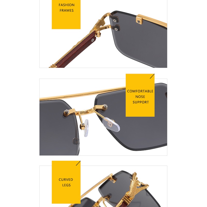 Square Rimless Sunglasses Men Retro Flat Top Double Bridges Metal Frame Men's Sunglasses Luxury Gold Lion Decoration Women Sun Glasses Eyewear S1