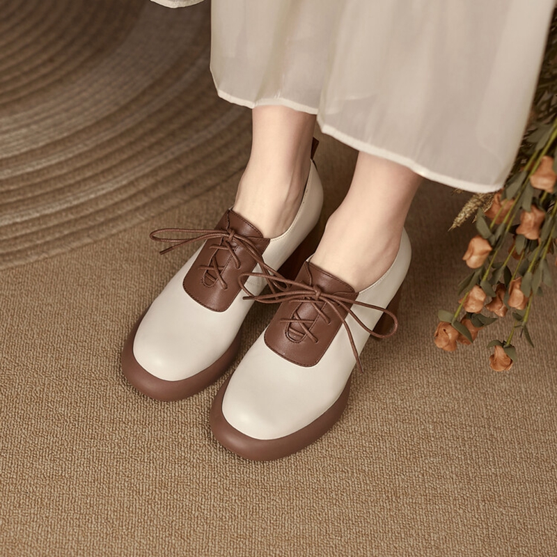 Spring NEW Round Toe High heels New Genuine Leather Chunky Heel Pumps Lace Up Mixed Color Platform Shoes for Women 2267