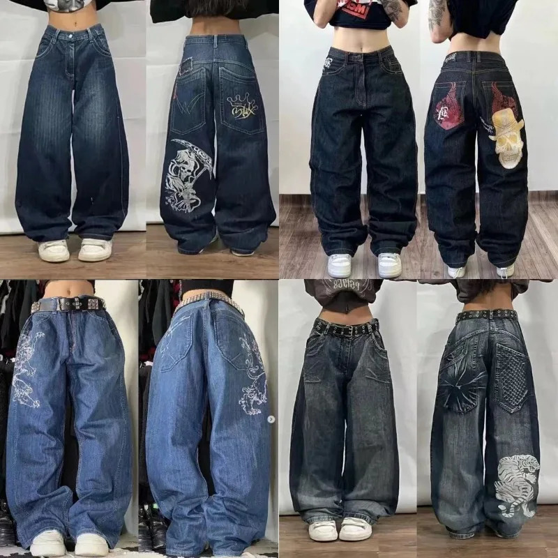Y2K Baggy Jeans Streetwear Womens Hip Hop Skull Graphic Jeans Black Pants Harajuku Gothic High Waisted Wide Leg Trousers 240708