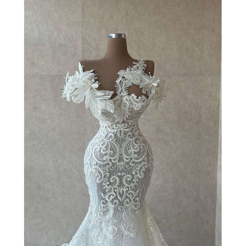Wedding Mermaid Beach Dresses Sexy Bridal Gowns 3D Wer Pearls Lace Appliqued Sheer Neck Custom Made Vestido De Novia
