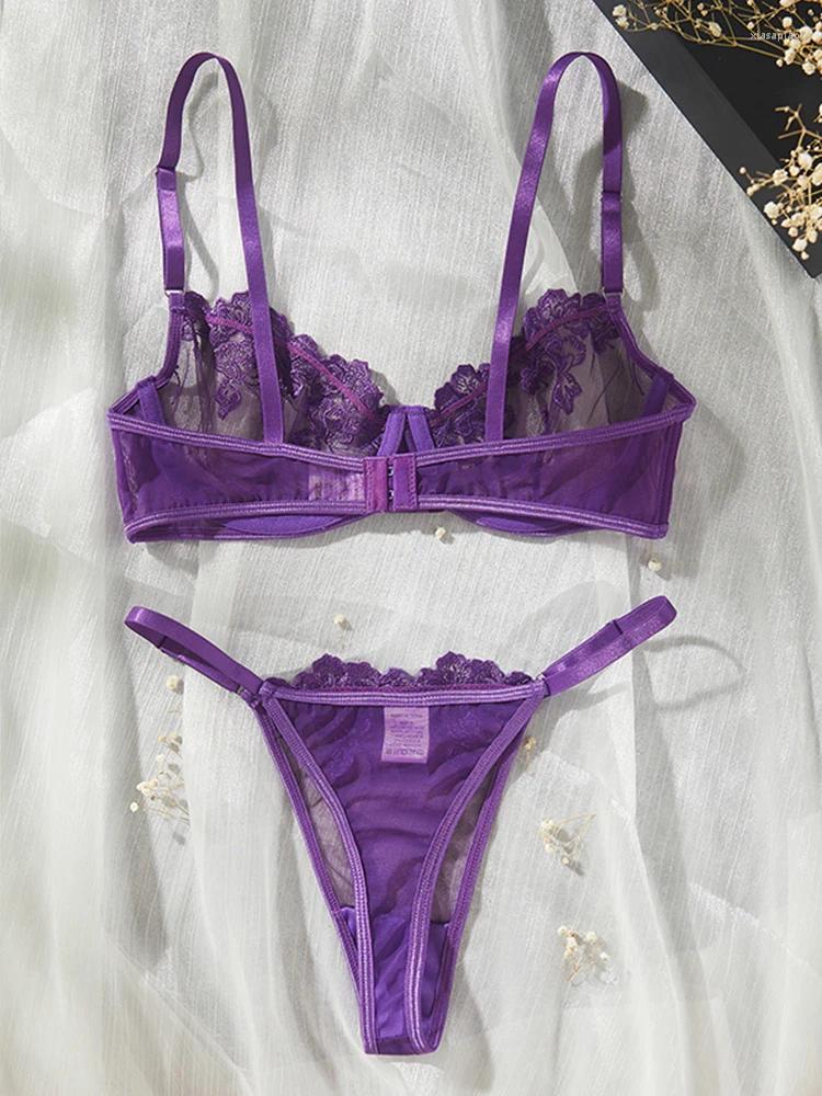 Sexy Set Bras Sets Sexy Lingeries Purple Tulle See Through Lingerie French Intimate Female Underwear Romantic Set Steel Ring Bra And Panty z241025