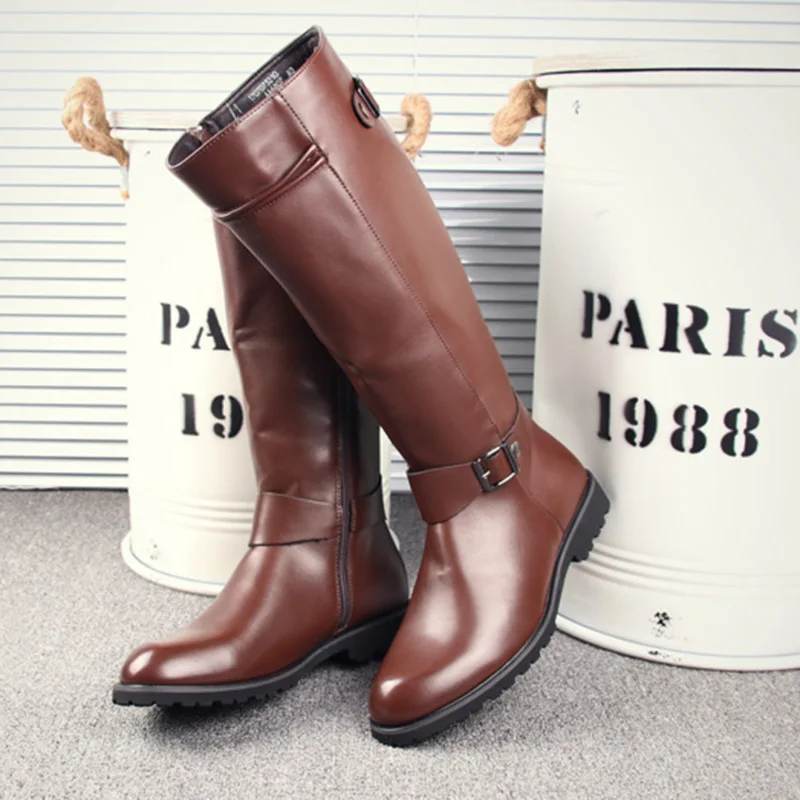 Leather Boots Men British Military Army Motorcycle Riding Equestrian Mens Boots Knee High Casual Zipper Cowboy Western Boots