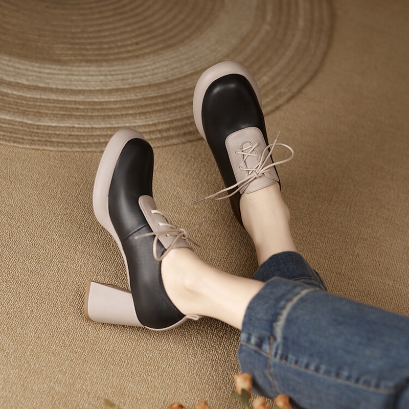 Spring NEW Round Toe High heels New Genuine Leather Chunky Heel Pumps Lace Up Mixed Color Platform Shoes for Women 2267