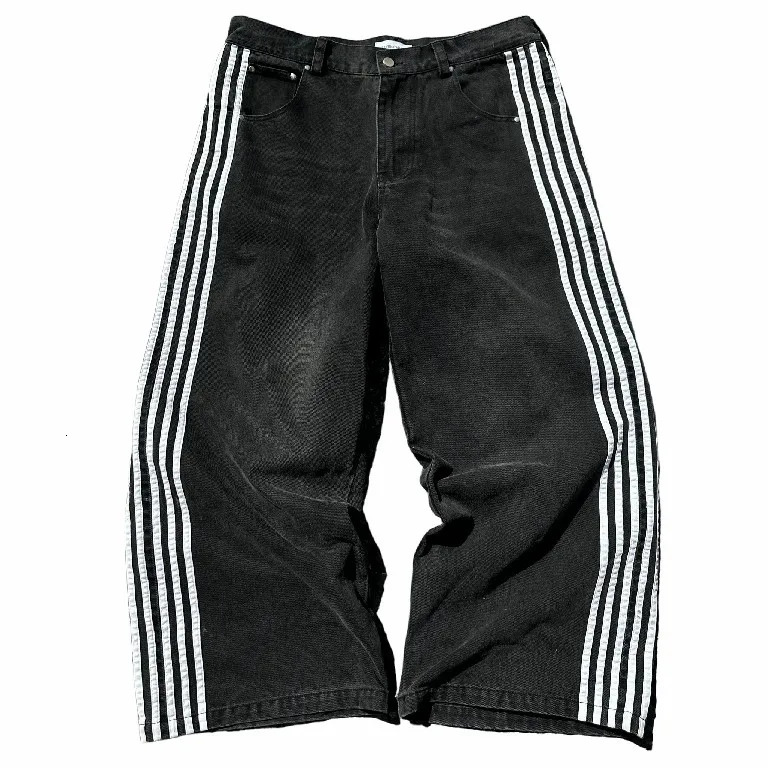 Streetwear Jeans Y2K Hip Hop Striped Baggy Black Pants Mens Punk Rock High Waisted Wide Leg Trousers Clothes 240701