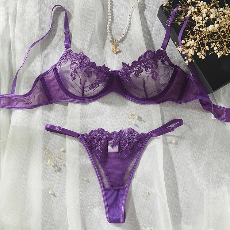 Sexy Set Bras Sets Sexy Lingeries Purple Tulle See Through Lingerie French Intimate Female Underwear Romantic Set Steel Ring Bra And Panty z241025