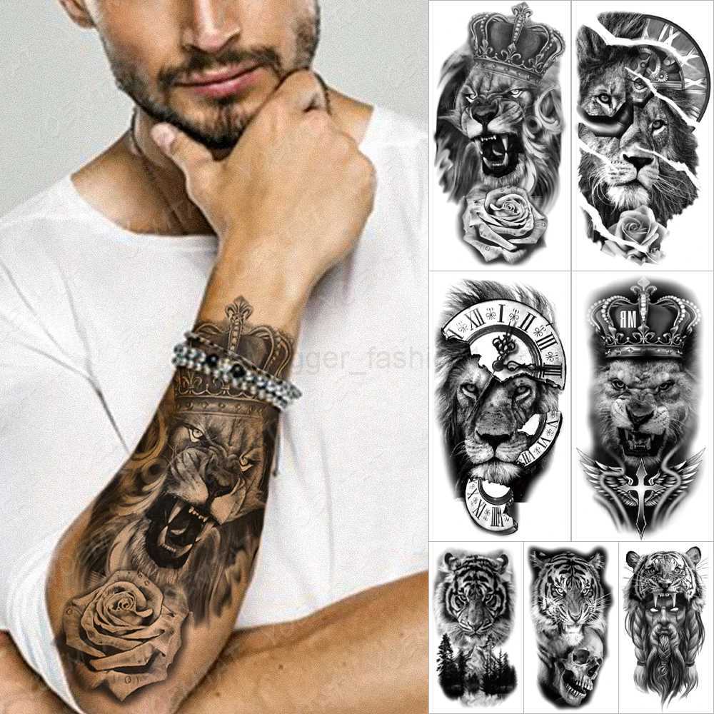 Lion Black Temporary Tattoos For Men Sticker Rose Crown Tiger Wolf Forest Tatu Arm Waist Women Body Art Glitter Fake Tato KidsB240711