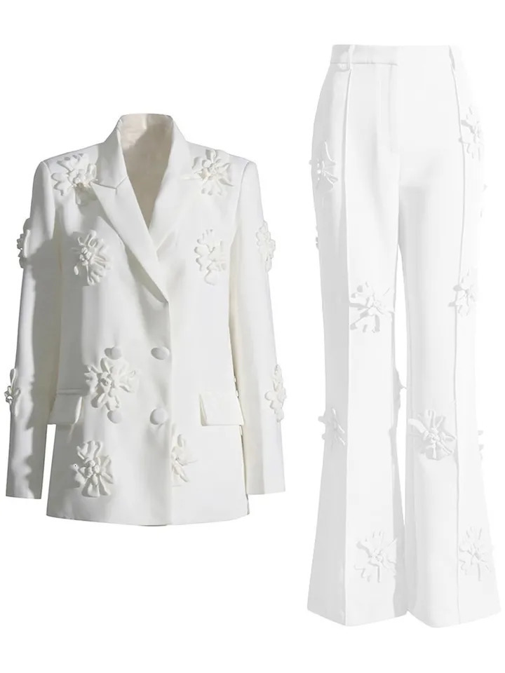 VGH Spliced Appliques Two Piece Sets For Women Lapel Long Sleeve Blazer High Waist Loose Straight Pant Casual Solid Set Female 240704