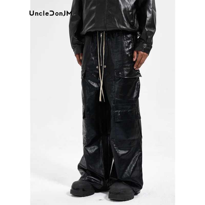Men's Pants Black Coated Glossy Patent Leather Pants Streetwear Baggy Pants Hip Hop Cargo Pants Q240710
