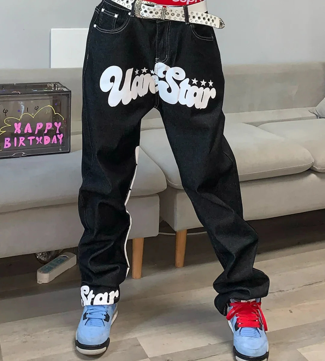 Letter Print Baggy Y2k Men Jeans High Street Vintage Hip Hop High Waisted Casual Straight Wide Leg Jeans Men Clothing Pants 240704