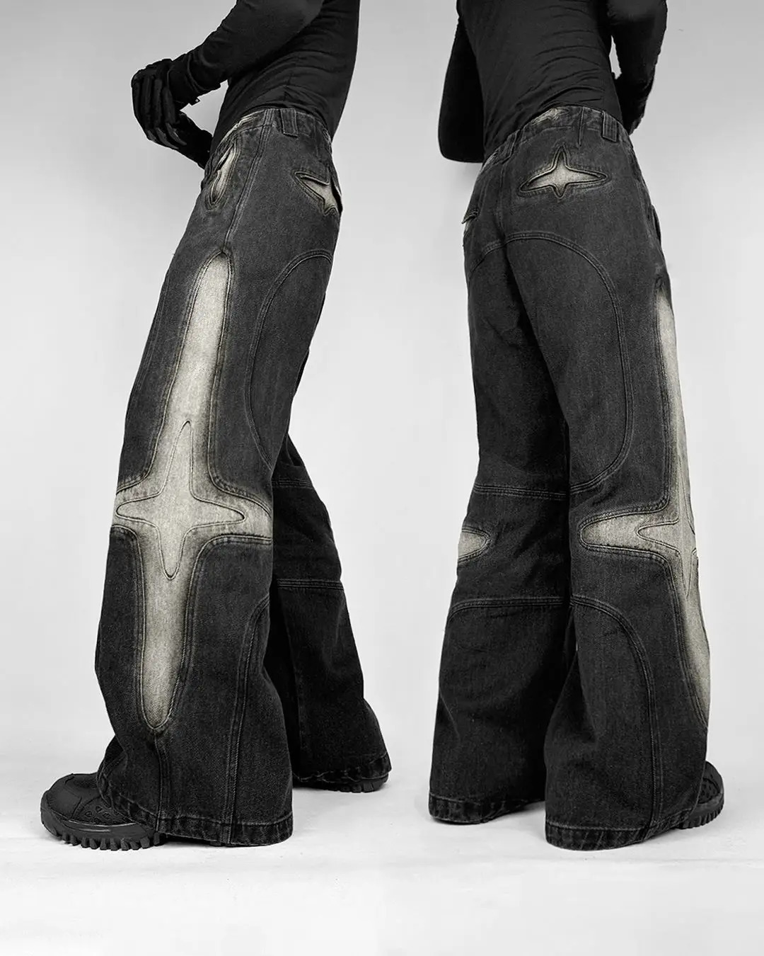 Hip Hop Punk Patchwork Black Ripped Baggy Jeans Rock Goth Y2k Jeans Wide Leg Floor Length Denim Pants Streetwear 240708