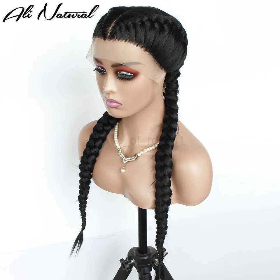 2 Braids Lace Wig Hand Tied Cornrow Braids Black Afro Braided Lace Wig With Two Long Box Braids Pigtails For Black WomanM240712