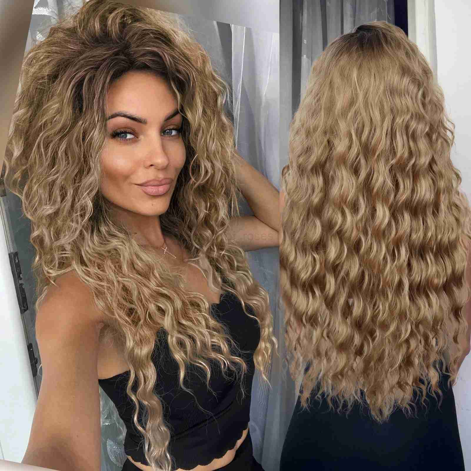 GNIMEGIL Synthetic Long Wave Cur Wigs Female Natural Brown Wig with Clip Free Part Side Bangs 80s Curly Wigs for Women Ombre WigM240712