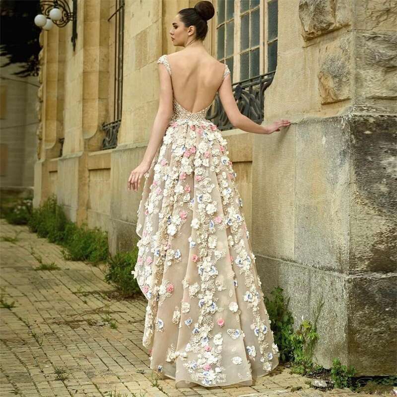 Chic Evening Dress High Low Sheer Back Formal Prom Gown 3D wer Appliqued Beads Ruched Organza Robe De Soiree