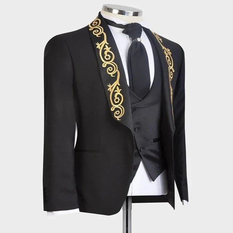 Italian Suits For Men Gold with Embroidery Shawl Lapel Slim Fit Wedding Groom Tuxedo 3 Pcs Costume (Jacket + Vest + Pants) 2024