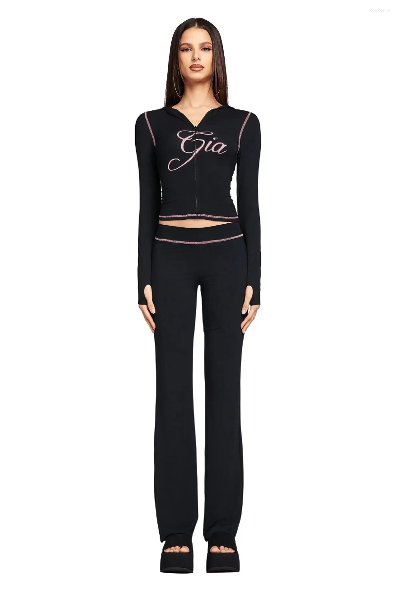 Iamgia Tracksuit Two 2 Piece Set Outfits For Flared Pants Zip-Up Cap Long Sleeve High Spring Top & Low Waist Micro Social Designer Clothes Women Pink 