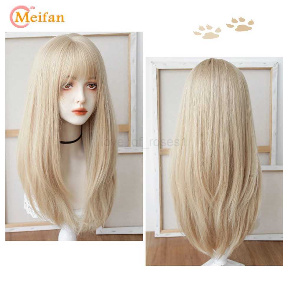 MEIFAN Synthetic Long Straight Lolita Wig with Bangs Wig Girl Cute Ombre Pink Blonde Black Cosplay Party Halloween Harajuku WigM240712