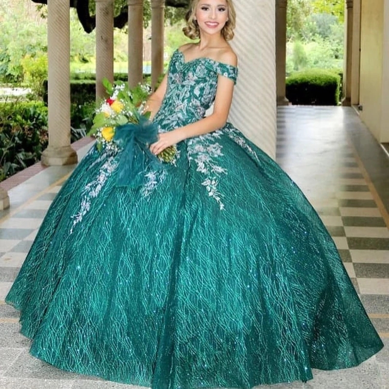 Emerald Green Shiny Quinceanera Dresses Off Shoulder Puffy Skirt Gillter Lace Applique Beads Corset Mexican Vestido 15 anos