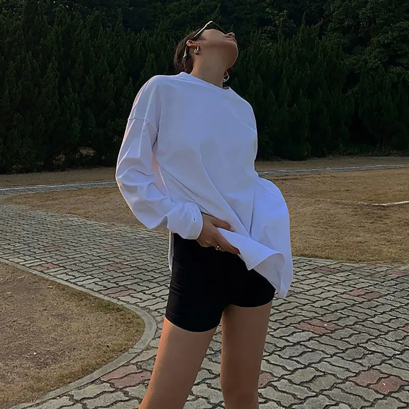 Oversize Split Fork Long Tshirt Women Casual Basic Oneck Sleeve Tee Shirt Autumn Tops 240712