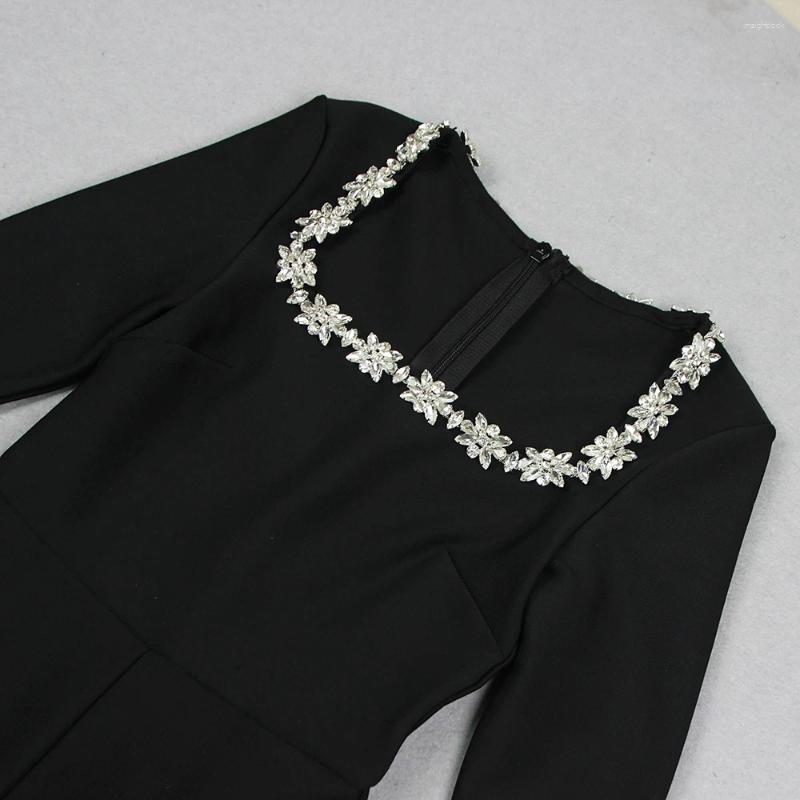 Womens Jumpsuits DEIVE TEGER 2024 Black Bandage Jumpsuit Square Neck Diamond High Waist Wide Leg Elegant Party