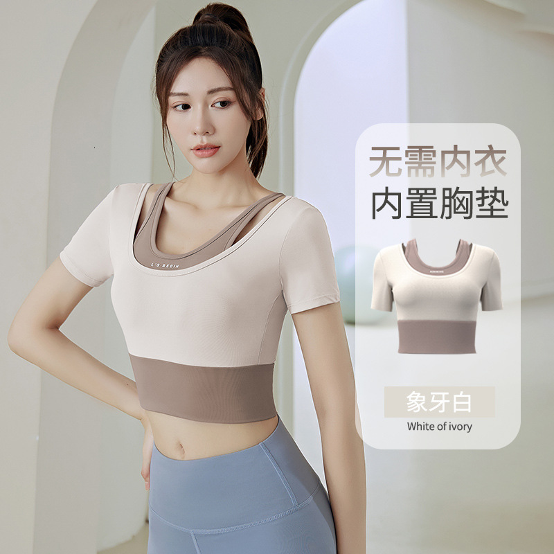 Juyi Tang's New Women's Running, Fitness, Sports Short Sleeved Top with Chest Cushion for Slimming and Naked Feeling, Tight Fit Yoga Dress W