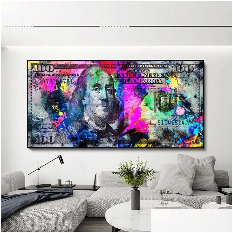 Paintings Wall Art Gold Modern Colorf Hundred Money Canvas Painting Quadro Street Abstract Poster Picture Home Drop Delivery Garden Ar Dhgqh