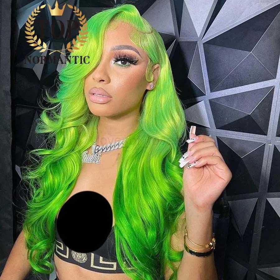 Topnormantic Ombre Bright Green Color Brazilian Hair Wig with Side Part 13x4 Transparent Lace Front Wig 13x6 Glueless Lace WigsM240712
