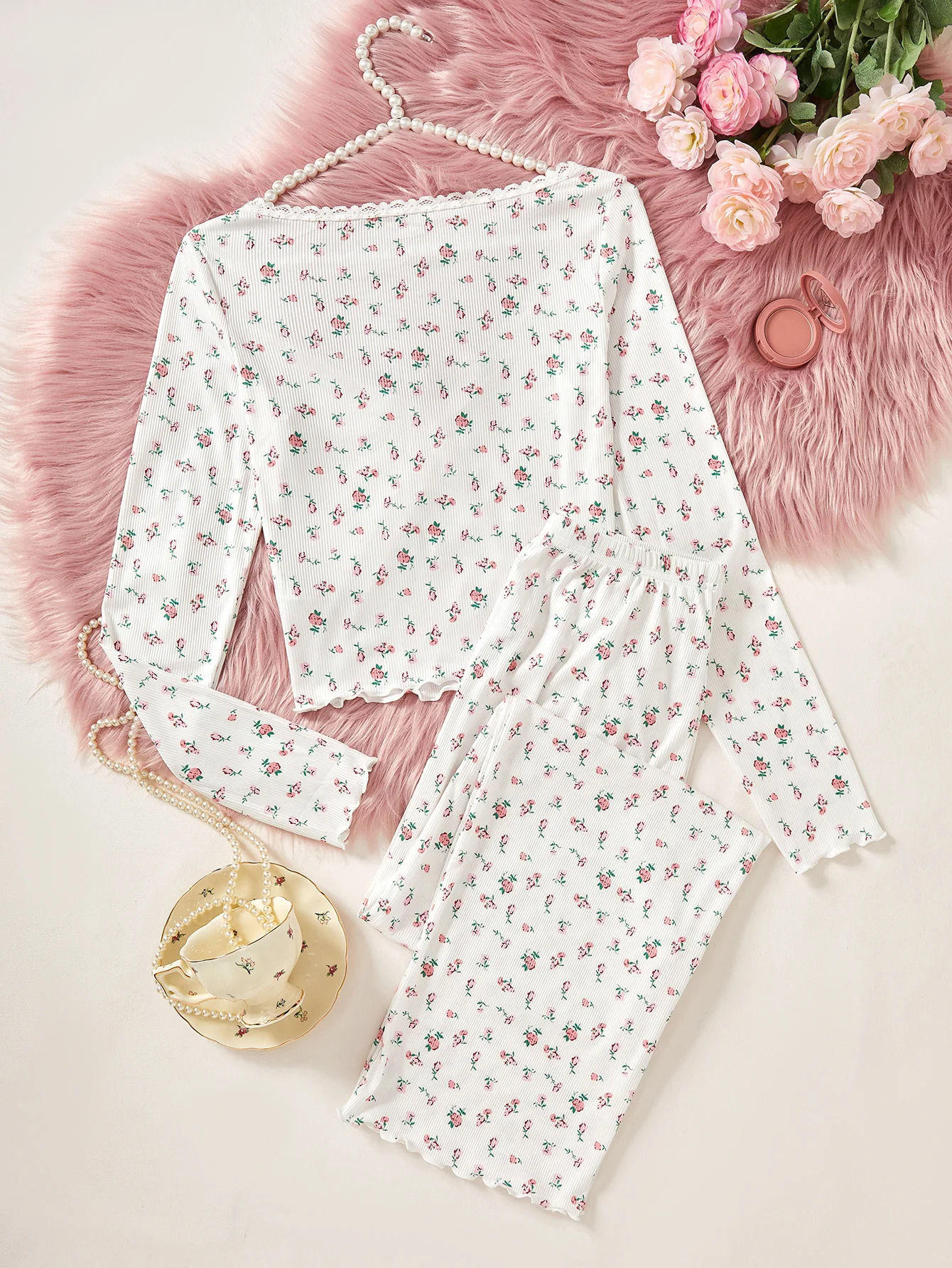 Womens Sleepwear Ditsy Floral Print Lettuce Trim PaJamas Set Elastic Waistband Loungewear Full Sleeve Nightwear 240712