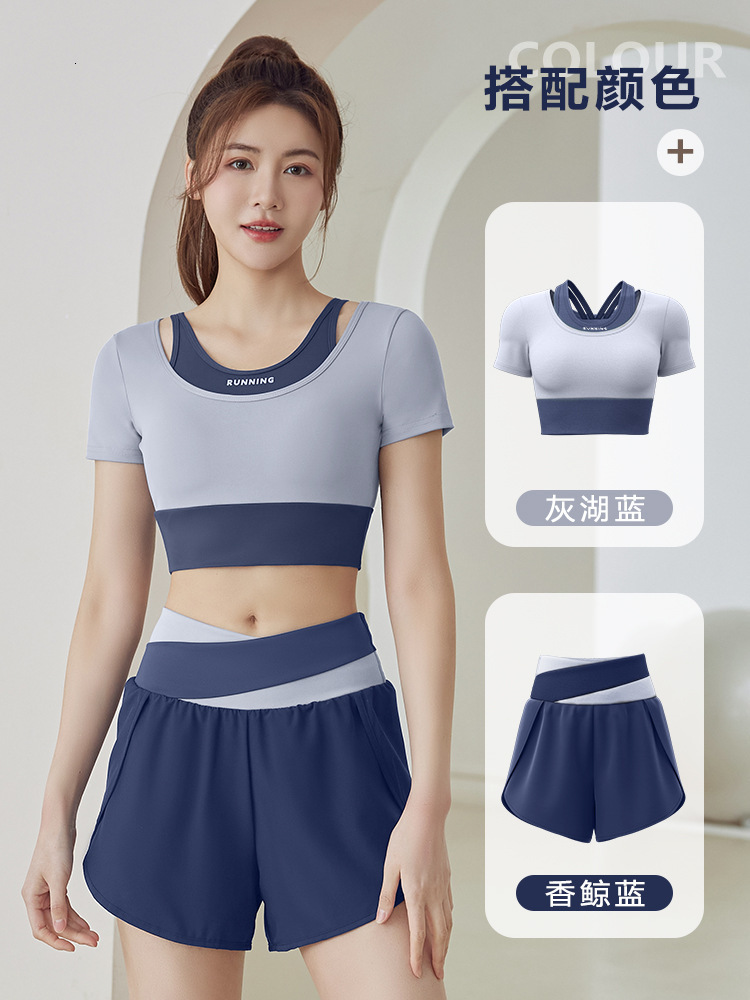 Juyi Tang Summer New Short Colored Sports Fitness Leave Two Piece Yoga Clothing Set Temperament Bifurcated Workout Clothe Woman Yoga Jackets for Women
