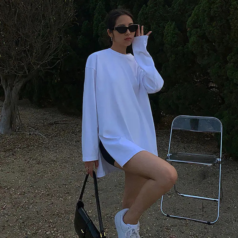 Oversize Split Fork Long Tshirt Women Casual Basic Oneck Sleeve Tee Shirt Autumn Tops 240712
