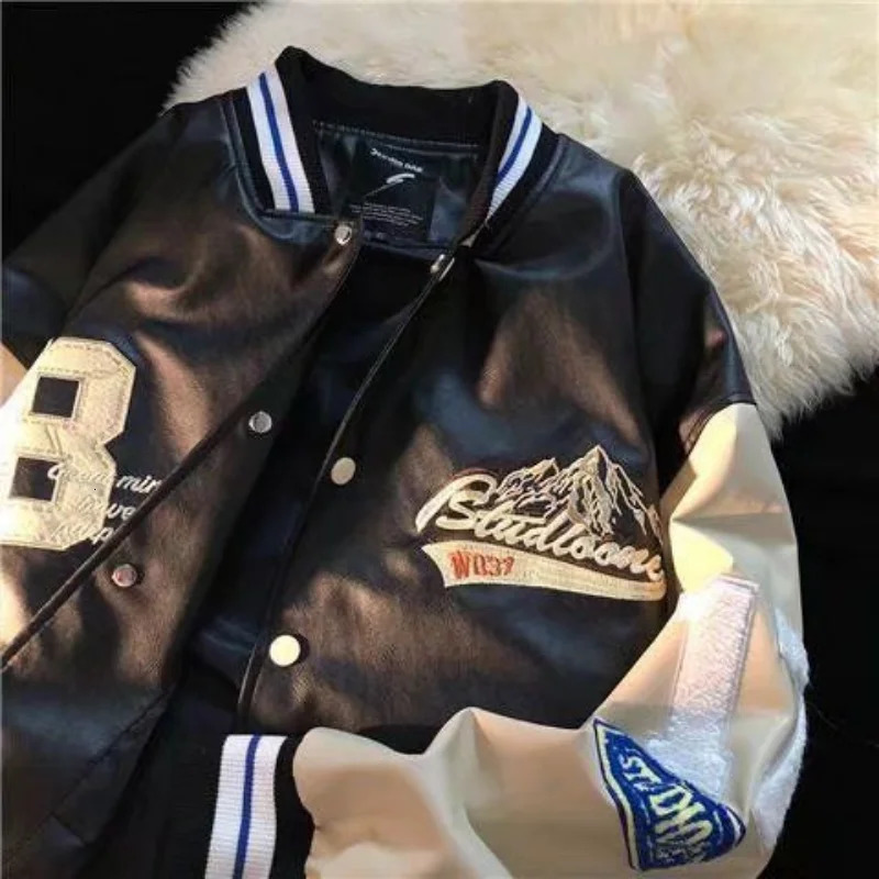 American retro high street PU leather baseball uniform men and women Y2K couple bomber jacket top street casual jacket 240703