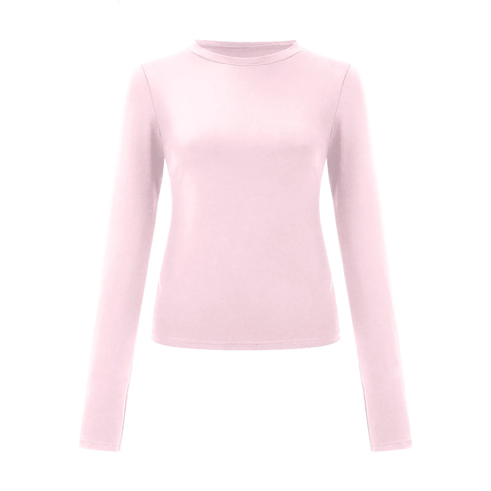 Pink Long Sleeve Tshirt Women Summer Cute White Crop Top Ladies Causal Sexy Slim O Neck Basic Tees Y2k Clothes 240712