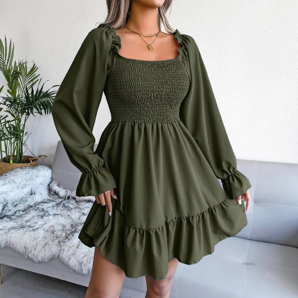 Square Collar Women Dresses Flare Sleeve Ruffled Dress Casual Comfortable Female Streetwear Loose Elegant Spring Summer 240712