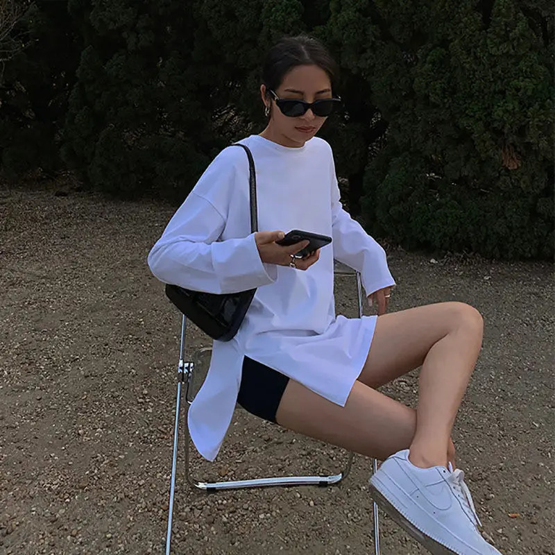 Oversize Split Fork Long Tshirt Women Casual Basic Oneck Sleeve Tee Shirt Autumn Tops 240712