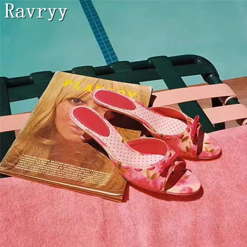 Sweet Pink Butterfly Knot Slippers Women Summer Open Toe Kitten Heels Sandals Girls Dress Party Casual Shoes 240712