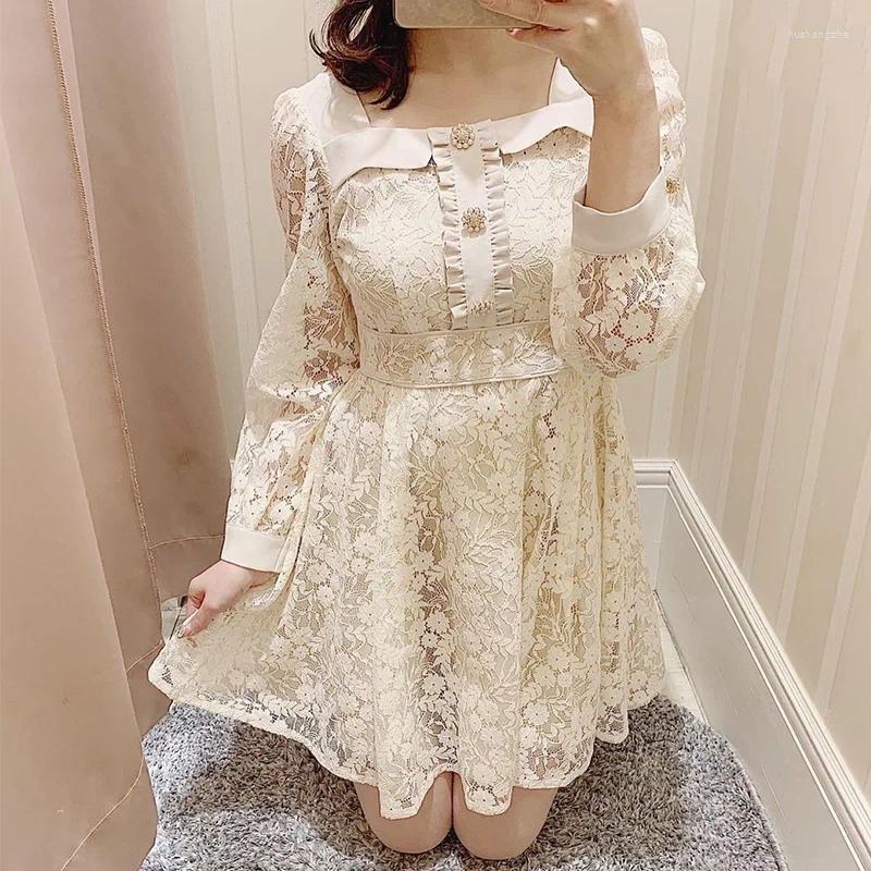 Casual Dresses Japanese French Style Square Collar Drill Bucket Lace Elegant Dress Sweet Cute Female Long Sleeve Waist Trimming Short