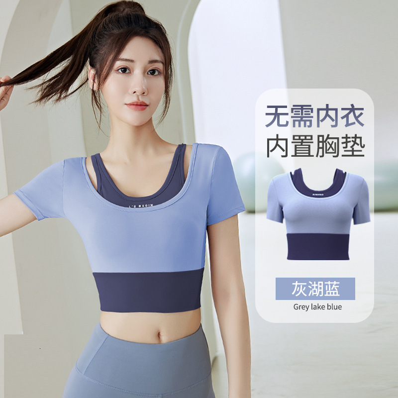 Juyi Tang's New Women's Running, Fitness, Sports Short Sleeved Top with Chest Cushion for Slimming and Naked Feeling, Tight Fit Yoga Dress W