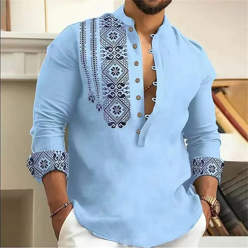 Fashionable 7 Button Mens Long Sleeve Shirt Button Down Shirt Loose Henley V Neck Beach Top T-Shirt High Quality Material 240704