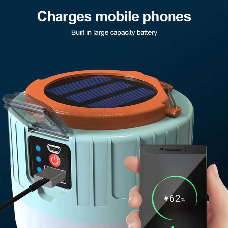 Portable Solar Camping Lamp USB Rechargeable Emergency Light Powerful Outdoor Tent Lamp Hook Up LED Waterproof Fishing LanternB240731