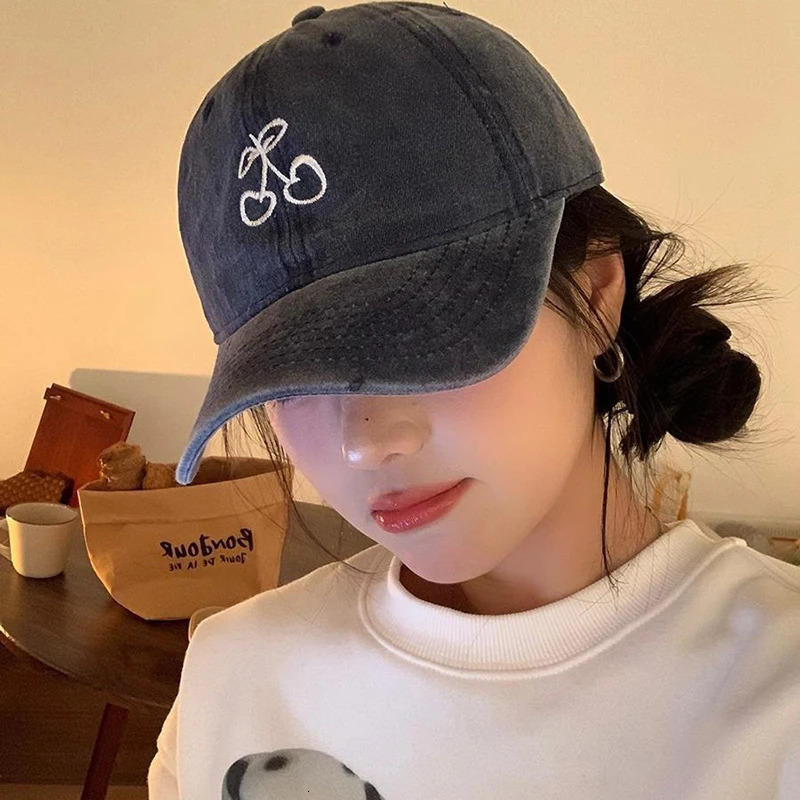 Pink Cherry Baseball Cap Women Y2K Korean Embroidered Hat Summer Solid Color Adjustable Female Sun Visor Hats 240626