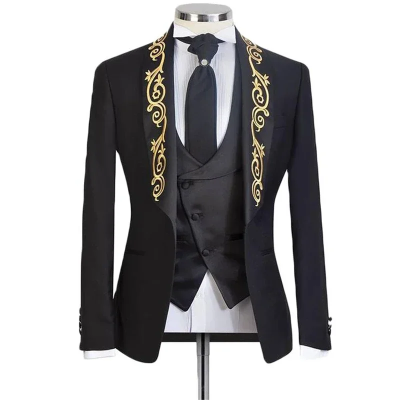 Italian Suits For Men Gold with Embroidery Shawl Lapel Slim Fit Wedding Groom Tuxedo 3 Pcs Costume (Jacket + Vest + Pants) 2024