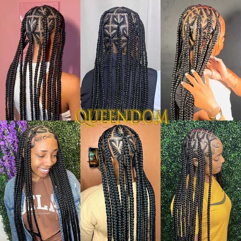 Queendom Synthetic Jumbo Knotless Full Lace Braid Wig 36 Inch Knotless Heart Braided Wig Cornrow Plait Braids Wig for Afro WomenM240712