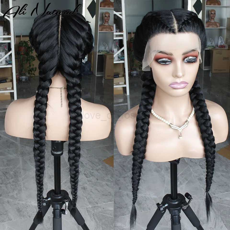 2 Braids Lace Wig Hand Tied Cornrow Braids Black Afro Braided Lace Wig With Two Long Box Braids Pigtails For Black WomanM240712