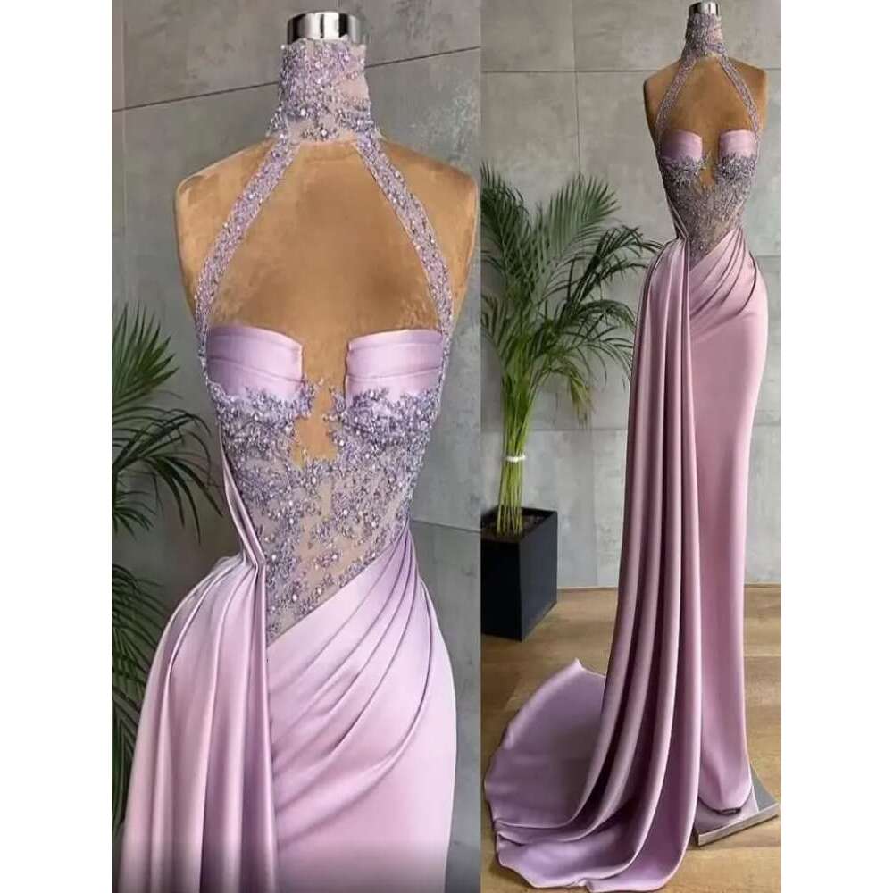 Arabic Lilac Lace Beaded Evening Dresses High Neck Sexy Sheath Prom Formal Party Second Reception Gowns