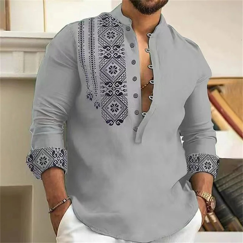 Fashionable 7 Button Mens Long Sleeve Shirt Button Down Shirt Loose Henley V Neck Beach Top T-Shirt High Quality Material 240704