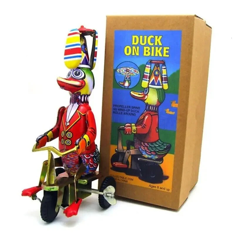Funny Adult Collection Retro Wind up toy Metal Tin Duck on bike robot Mechanical Clockwork toy figure model kids baby gift 240711
