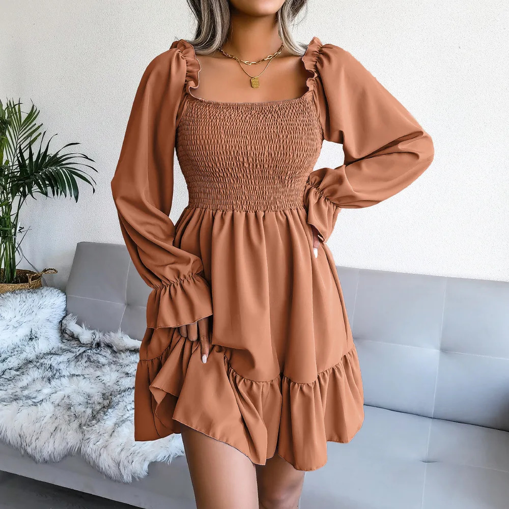 Square Collar Women Dresses Flare Sleeve Ruffled Dress Casual Comfortable Female Streetwear Loose Elegant Spring Summer 240712