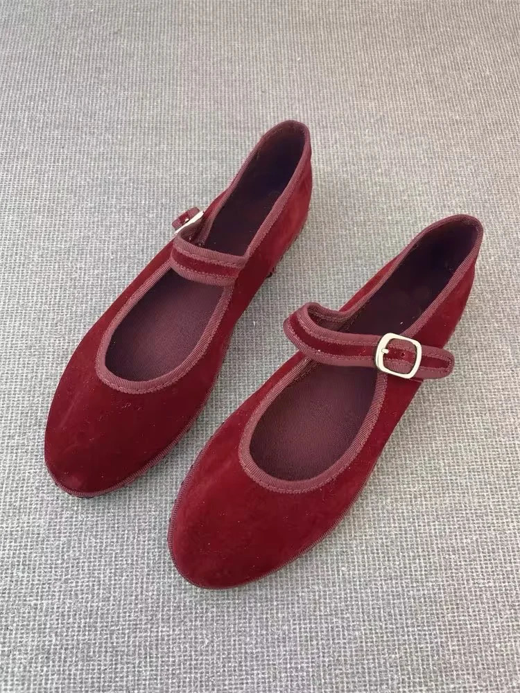 Velvet Mary Jane Shoes for Women Hand Stitch Casual Streetwear Ballet Flats Pumps Female Solid Color Red Cloth Shoes Loafers 240711
