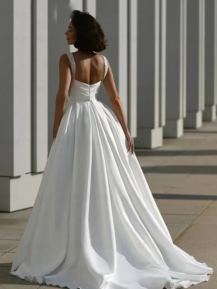 Satin 2024 Elegant Wedding Dresses Pearl Strap Sexy Side Split A Line Princess Bride Dress Bridal Gown Vestidos De Novia Custom Made