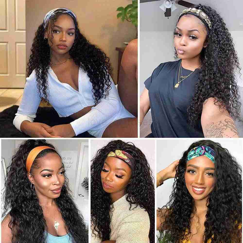 Synthetic Water Wave Headband Wig for Women Glueless Half Wig Curly Wigs with Headbands Attached Natural Black for Daily UseM240712